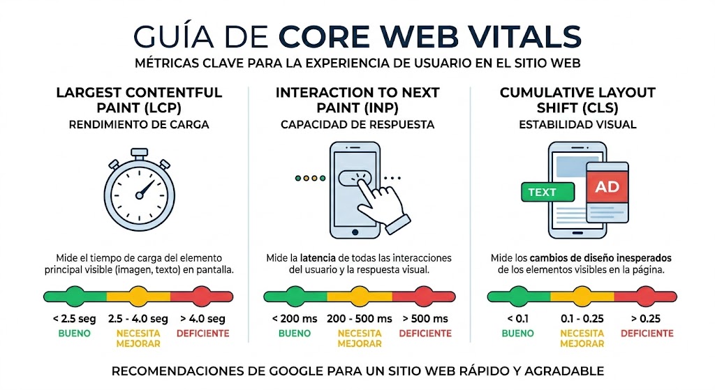 Las tres métricas de Core Web Vitals (LCP, INP y CLS) con sus umbrales objetivo