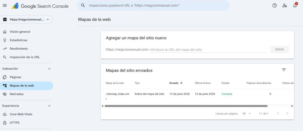 Sección Mapas de la web en Google Search Console con el sitemap_index.xml enviado y estado Correcta
