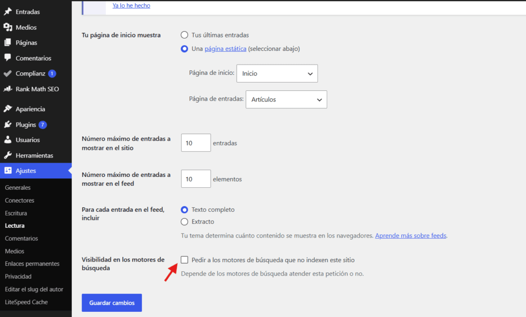 Ajustes de Lectura de WordPress con la casilla de visibilidad para motores de búsqueda desmarcada