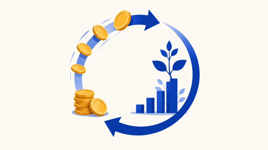 Ilustración de un bucle de reinversión financiera. Monedas de oro fluyen hacia un gráfico de barras azul creciente coronado por una planta, y el crecimiento resultante vuelve a alimentar la pila de monedas, todo enmarcado por flechas circulares azules.