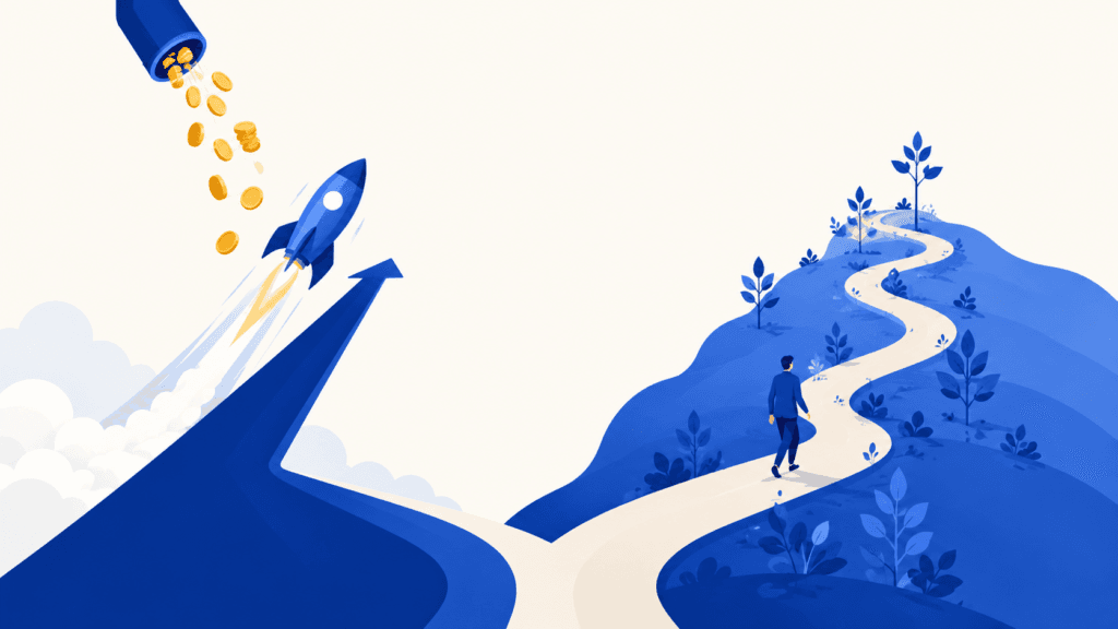 Ilustración conceptual de dos caminos hacia el éxito: uno rápido y vertical representado por un cohete despegando hacia monedas de oro, y otro gradual y sinuoso por el que camina un hombre.
