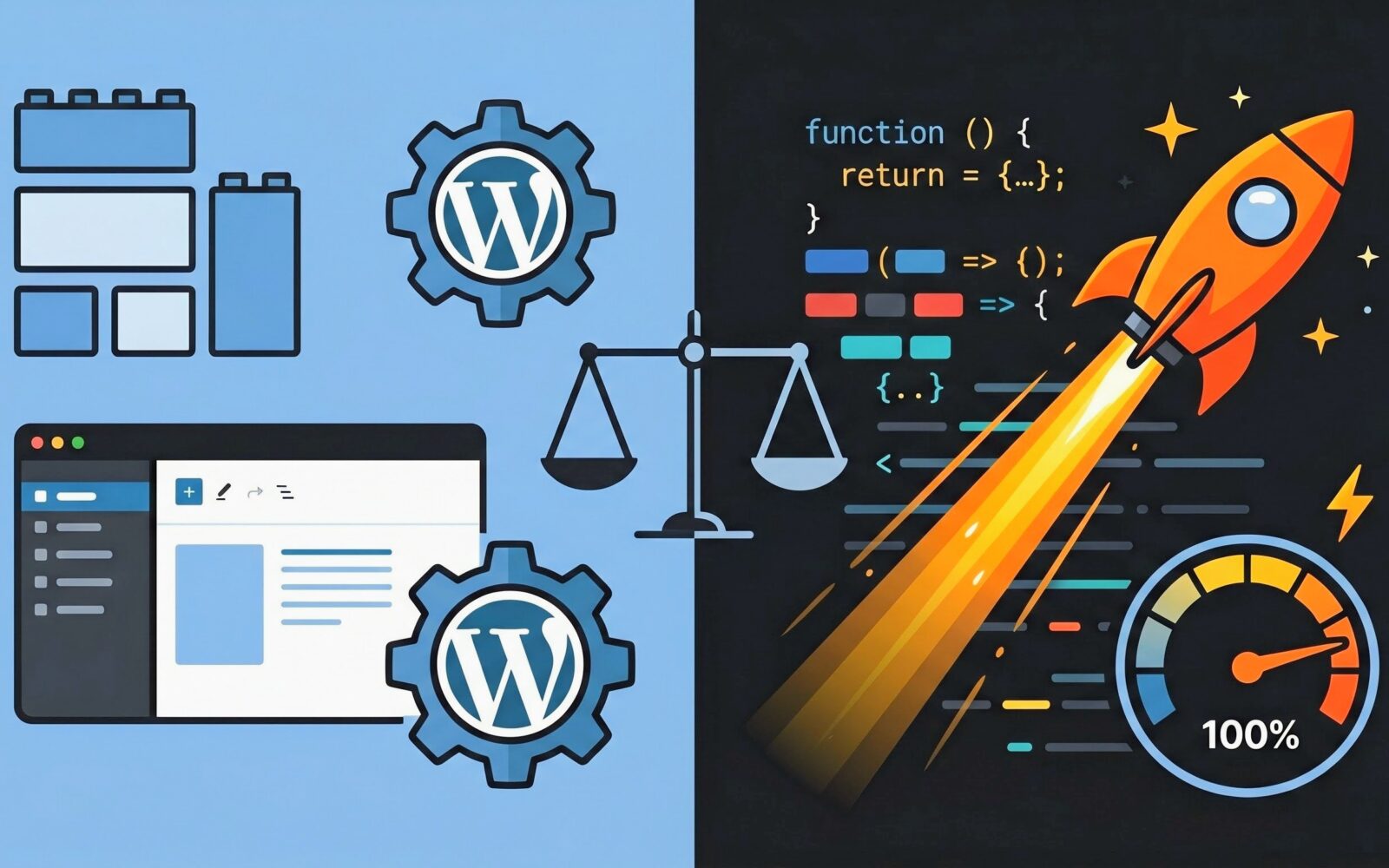 Ilustración dividida que compara WordPress y el desarrollo web a medida. A la izquierda, el logo de WordPress, bloques y un editor visual. A la derecha, código, un cohete despegando y un velocímetro al 100%. Una balanza en el centro equilibra ambas opciones.